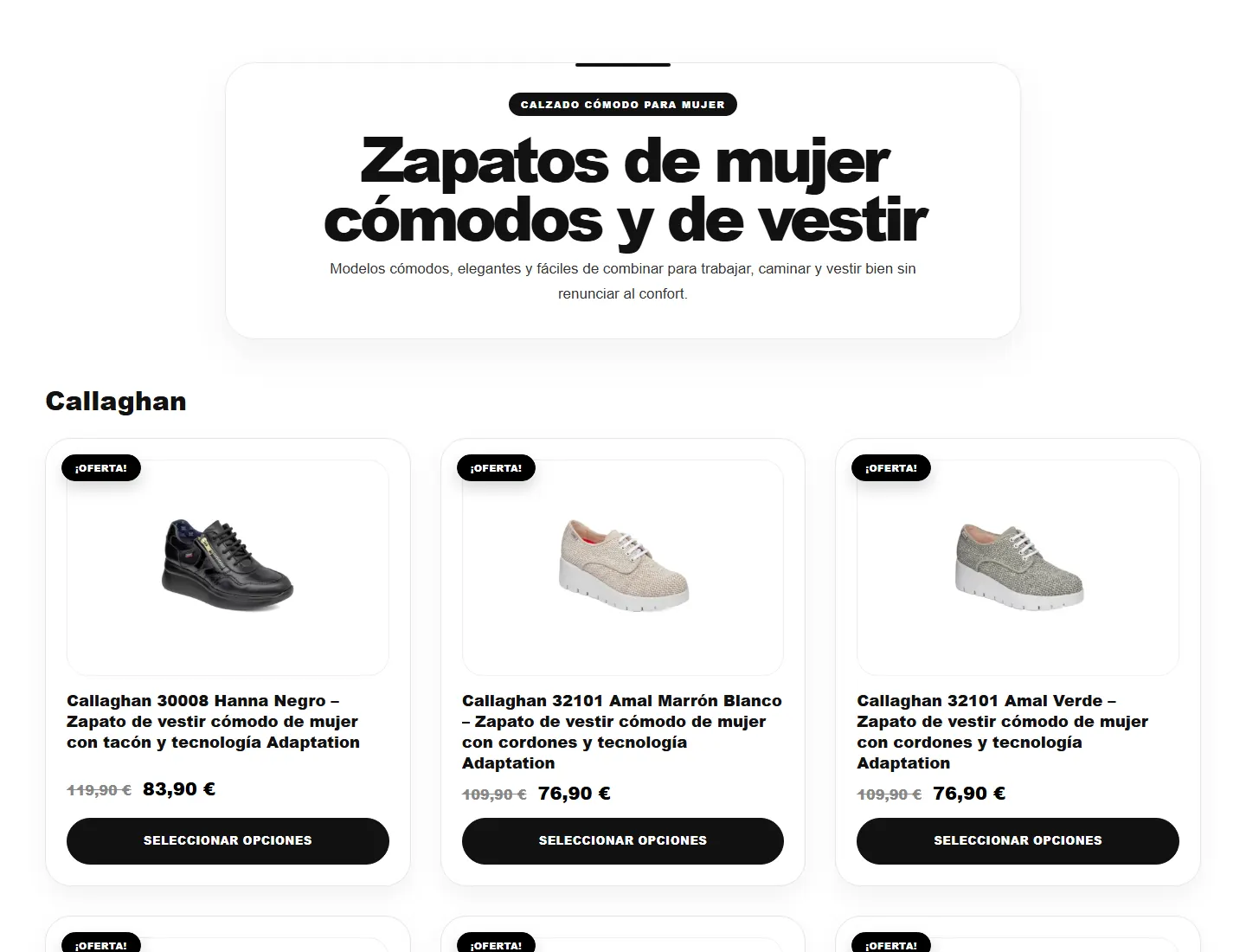 Página de categoría de mujer en calza2.es, con la rejilla de fichas de producto.